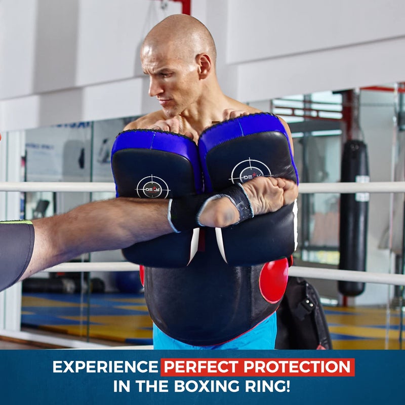 DEFY Challenge Your Fear Defy Sports - Curved Leather Thai Pads with Enhanced Shock Absorption - Double-Layered Buckle Straps for Superior Fit - Lightweight & Durable Kick Pad for Boxing, Karate & MMA Training - 1 Pad - Blue - Image 5
